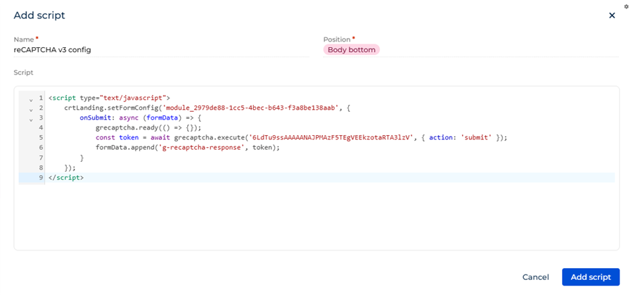 reCAPTCHA v3 configuration script that is triggered using API