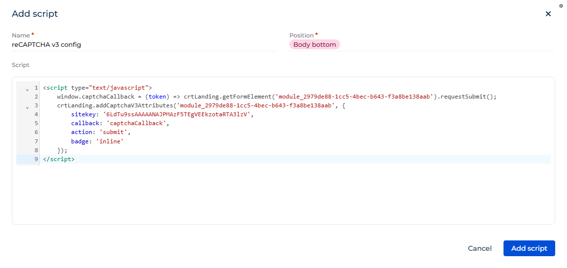 reCAPTCHA v3 configuration script that is triggered automatically