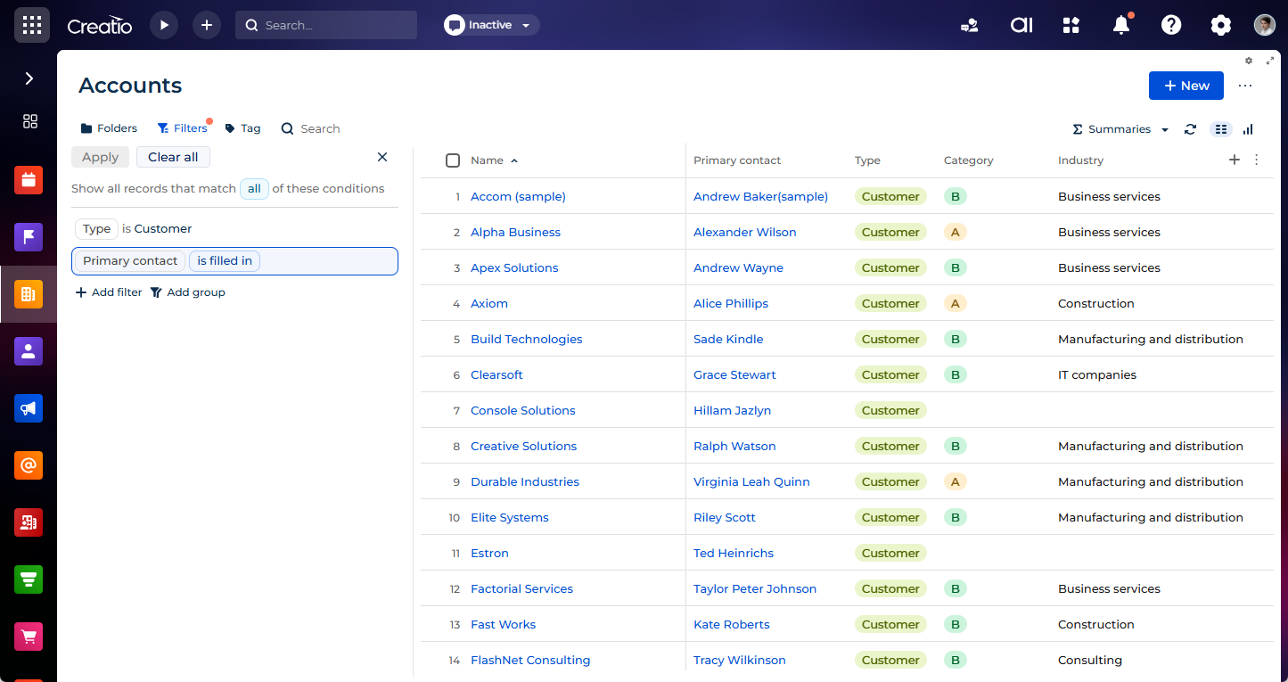 Filters on account page