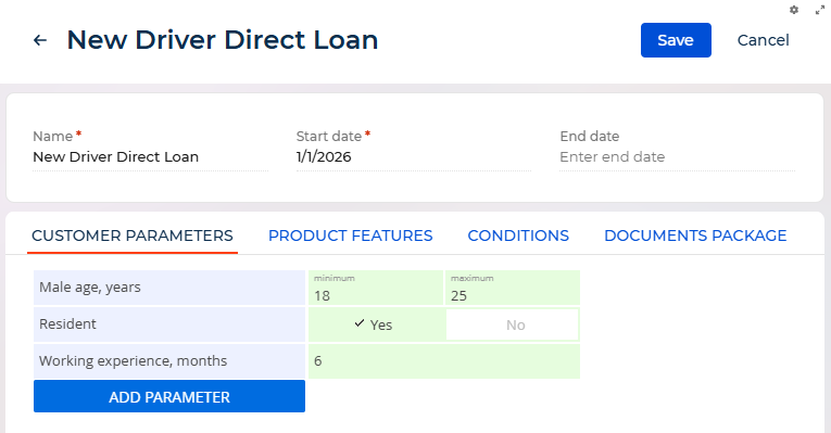 Fig. 8 Example of customer parameters