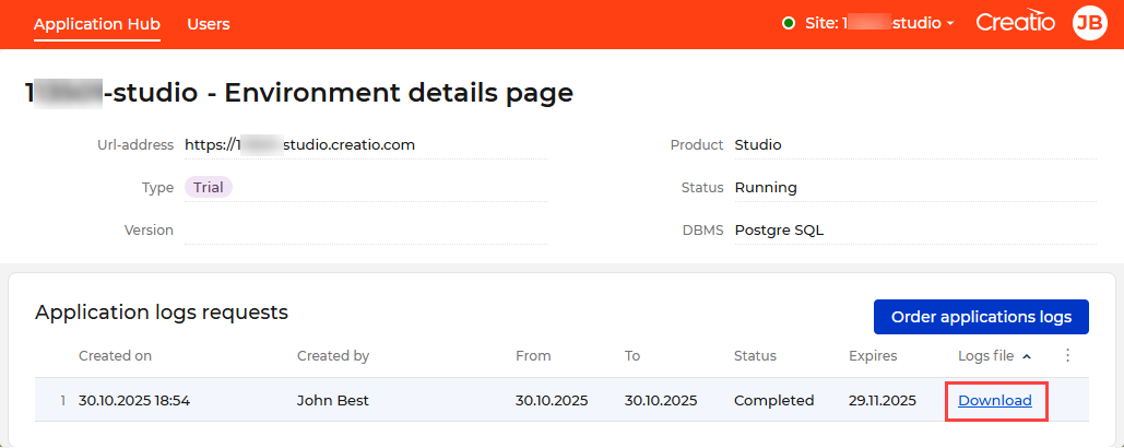 Fig. 7 The link to download application logs