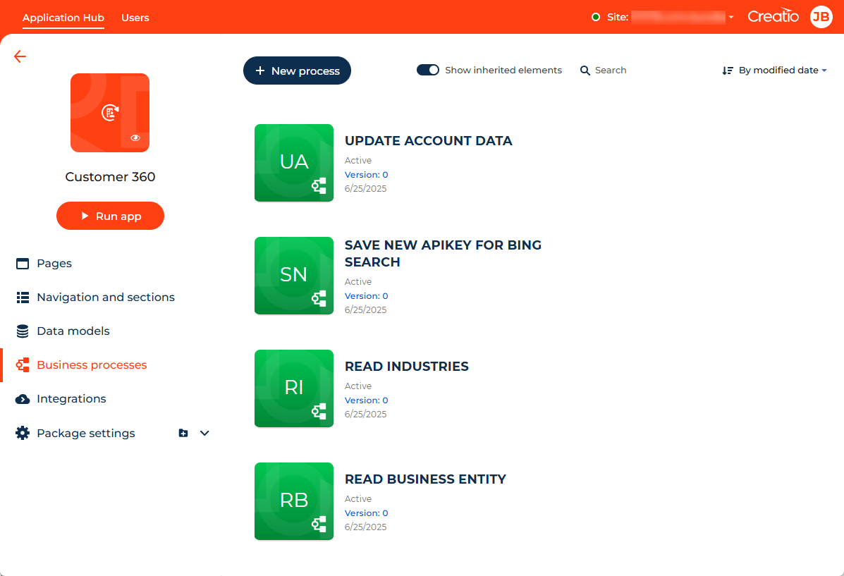 Fig. 5 Business processes tab in the Customer 360 app