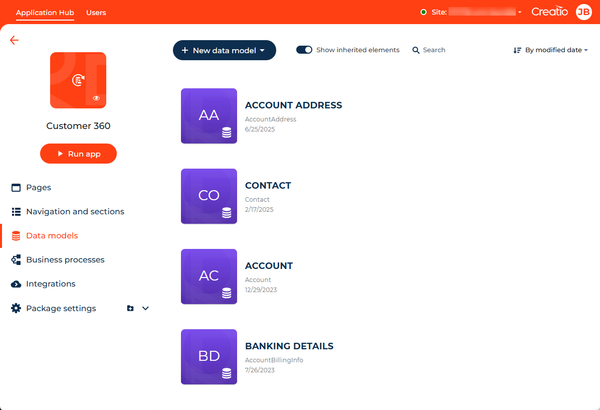 Fig. 4 Data models tab in the Customer 360 app