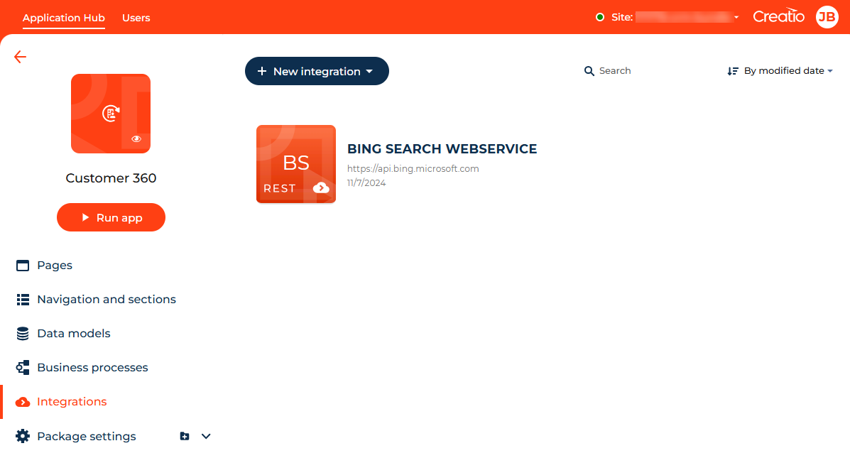 Fig. 6 Integrations tab in the Customer 360 app