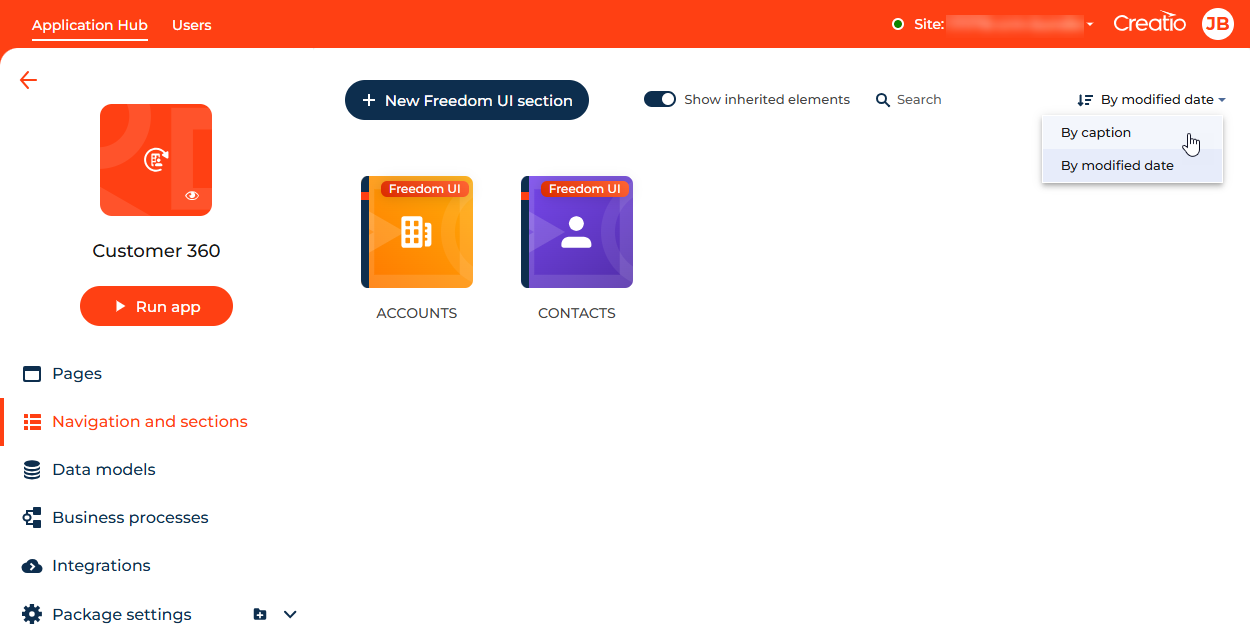 Fig. 3 Navigation and sections tab in the Customer 360 app