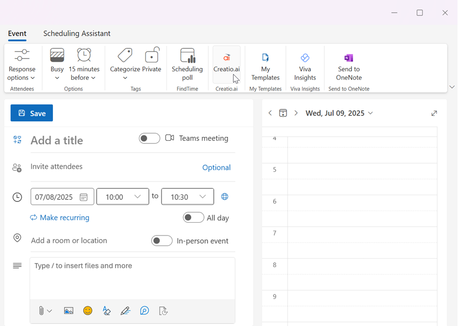 Fig. 4 Creatio.ai add-in in the New event window
