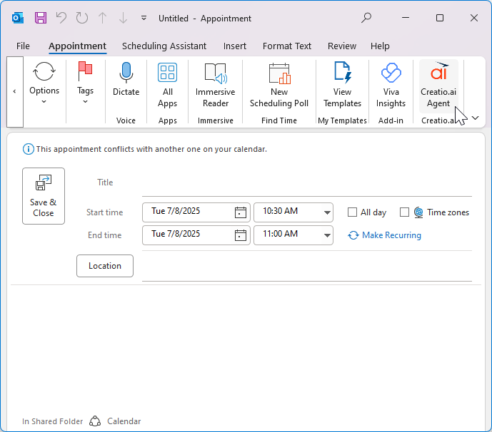 Fig. 10 Creatio.ai add-in in the New appointment window