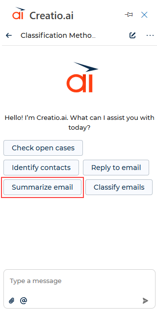 Quick launch button in the Creatio.ai Outlook add-in chat