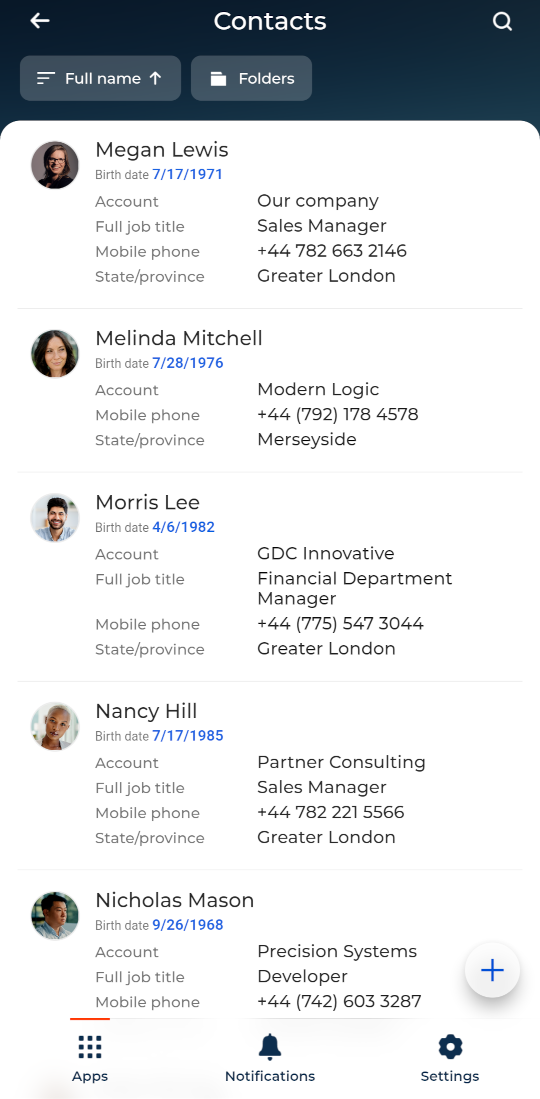 Fig. 4 Customized list of contacts in the Creatio mobile app