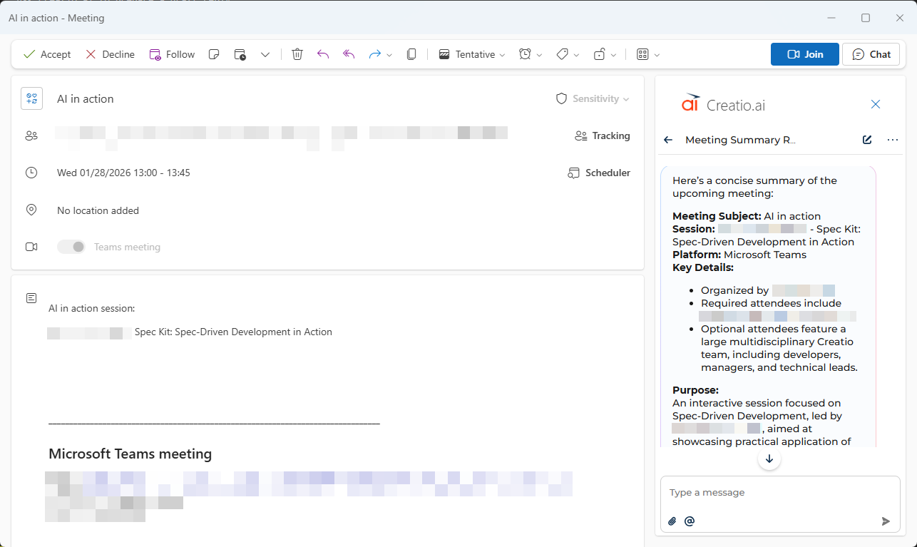 Fig. 2Creatio.ai add-in in an Outlook calendar