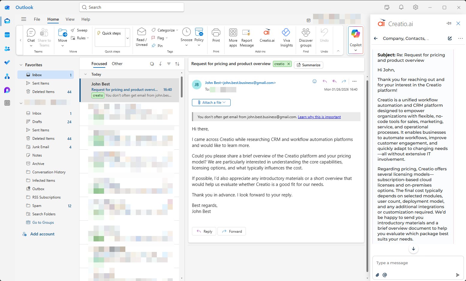 Fig. 1 Creatio.ai add-in in an Outlook email