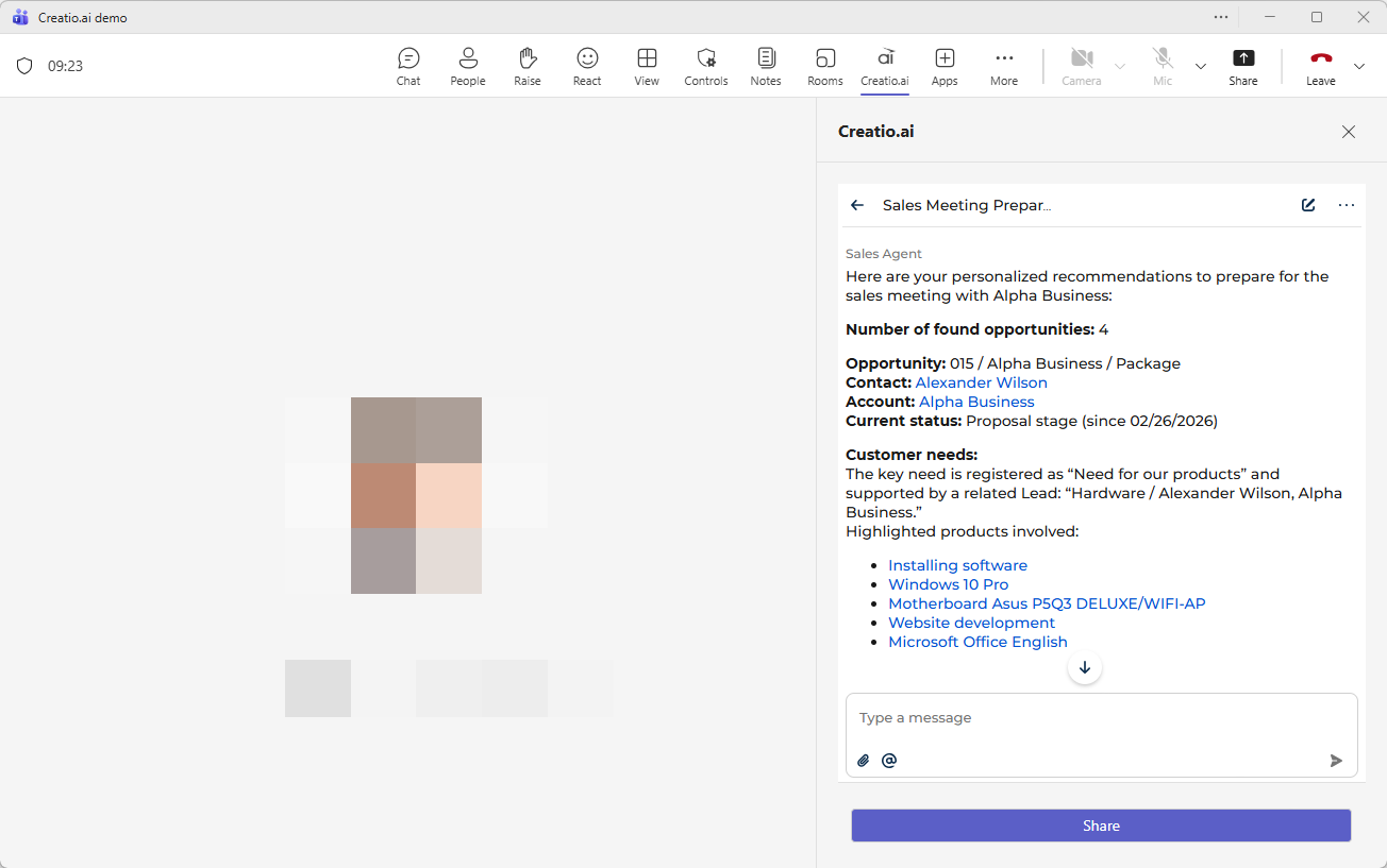 Fig. 4 Creatio.ai add-in during a Teams meeting