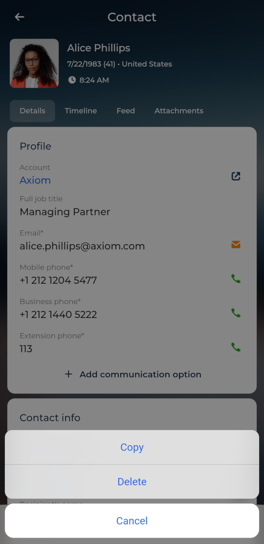 Fig. 6 Action menu in the Contacts section