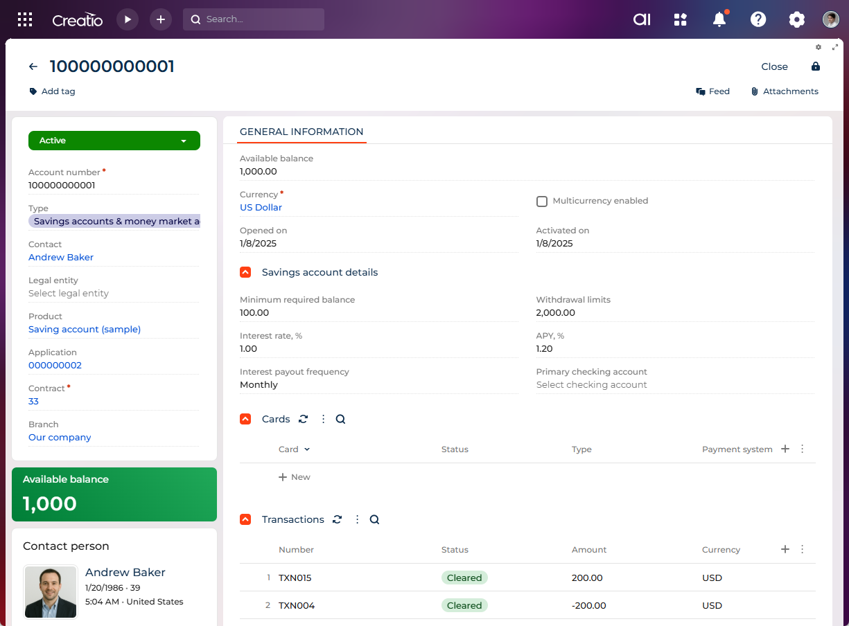 Bank account page
