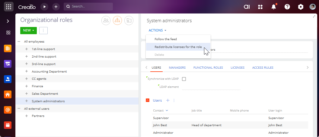 Fig. 8 Redistribute licenses for the role