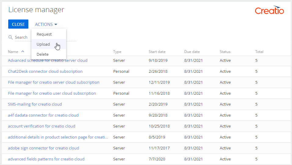 Fig. 4 Upload a license file to Creatio