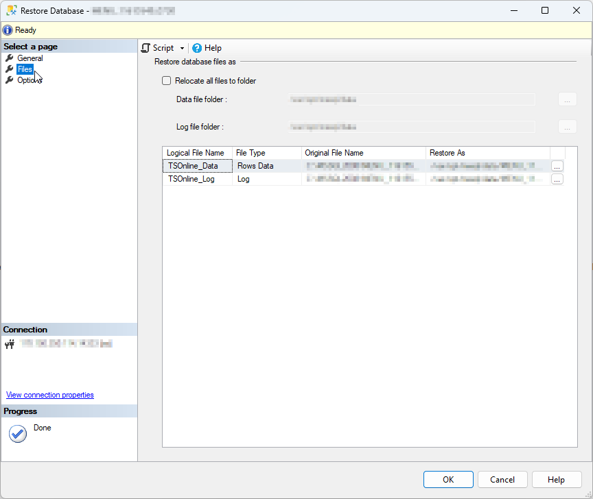Fig. 3 Specify the names and paths to TSOnline_Data and TSOnline_Log files