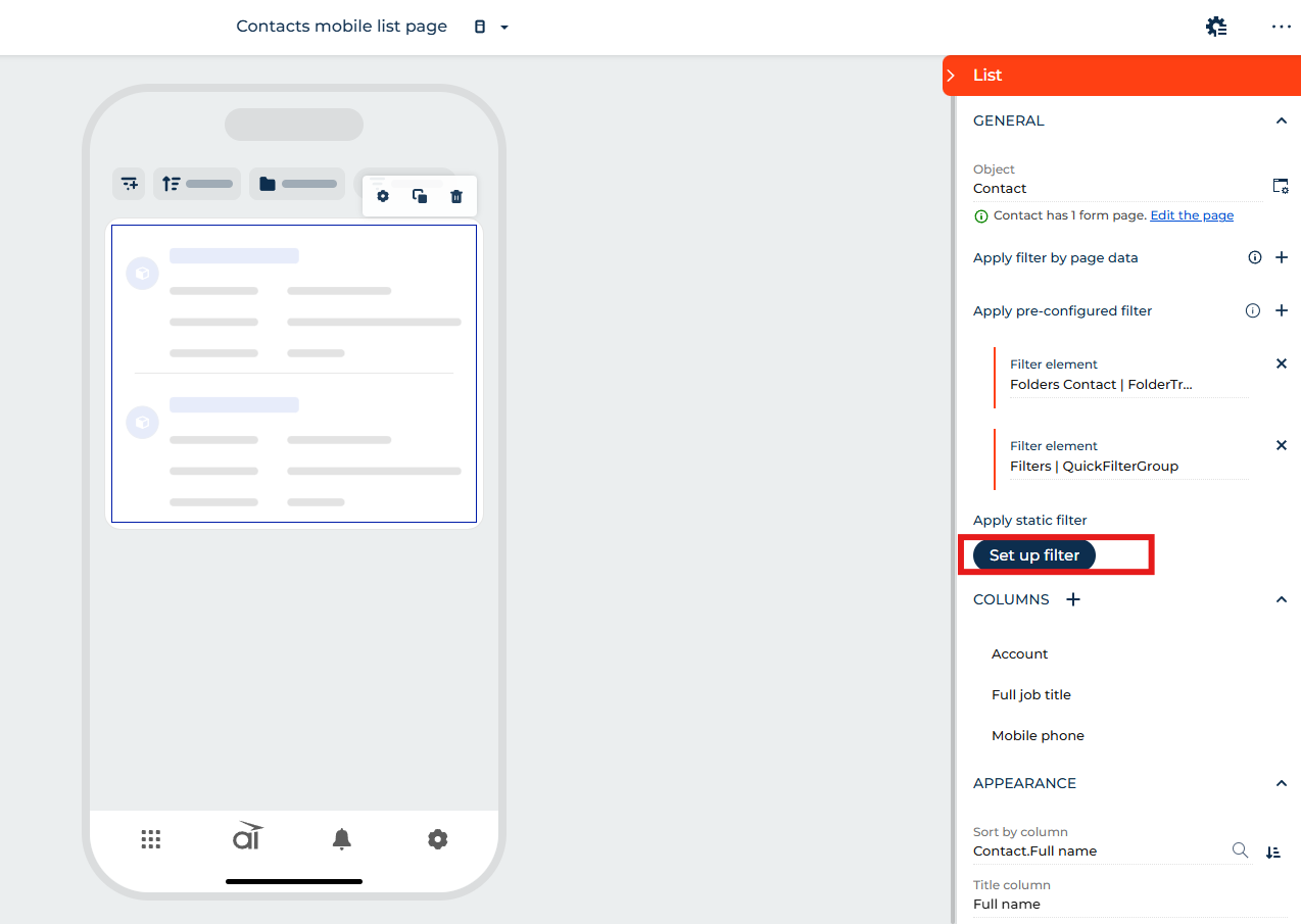 filter in a mobile page Freedom designer